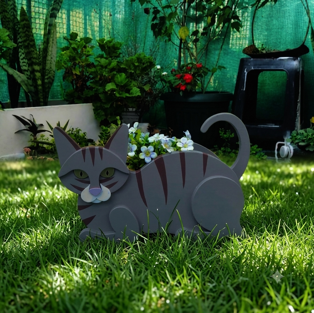Blue cat-shaped desk planter by Rootly