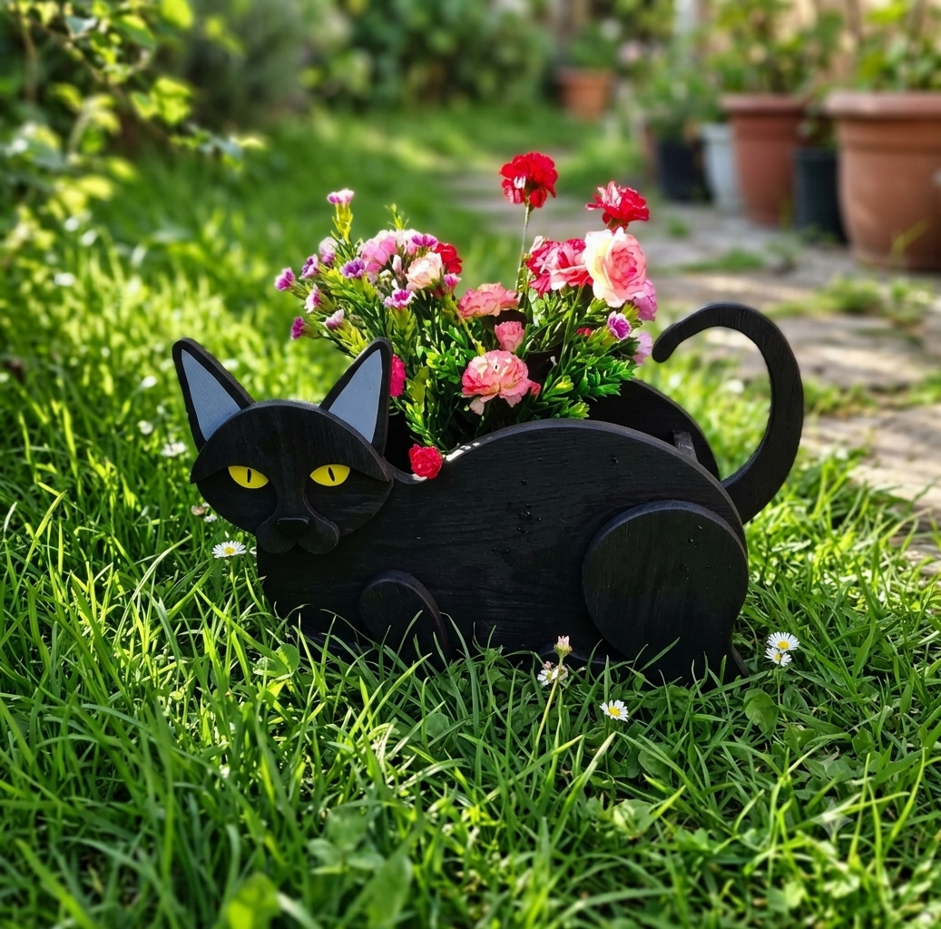 Black cat-shaped desk planter by Rootly