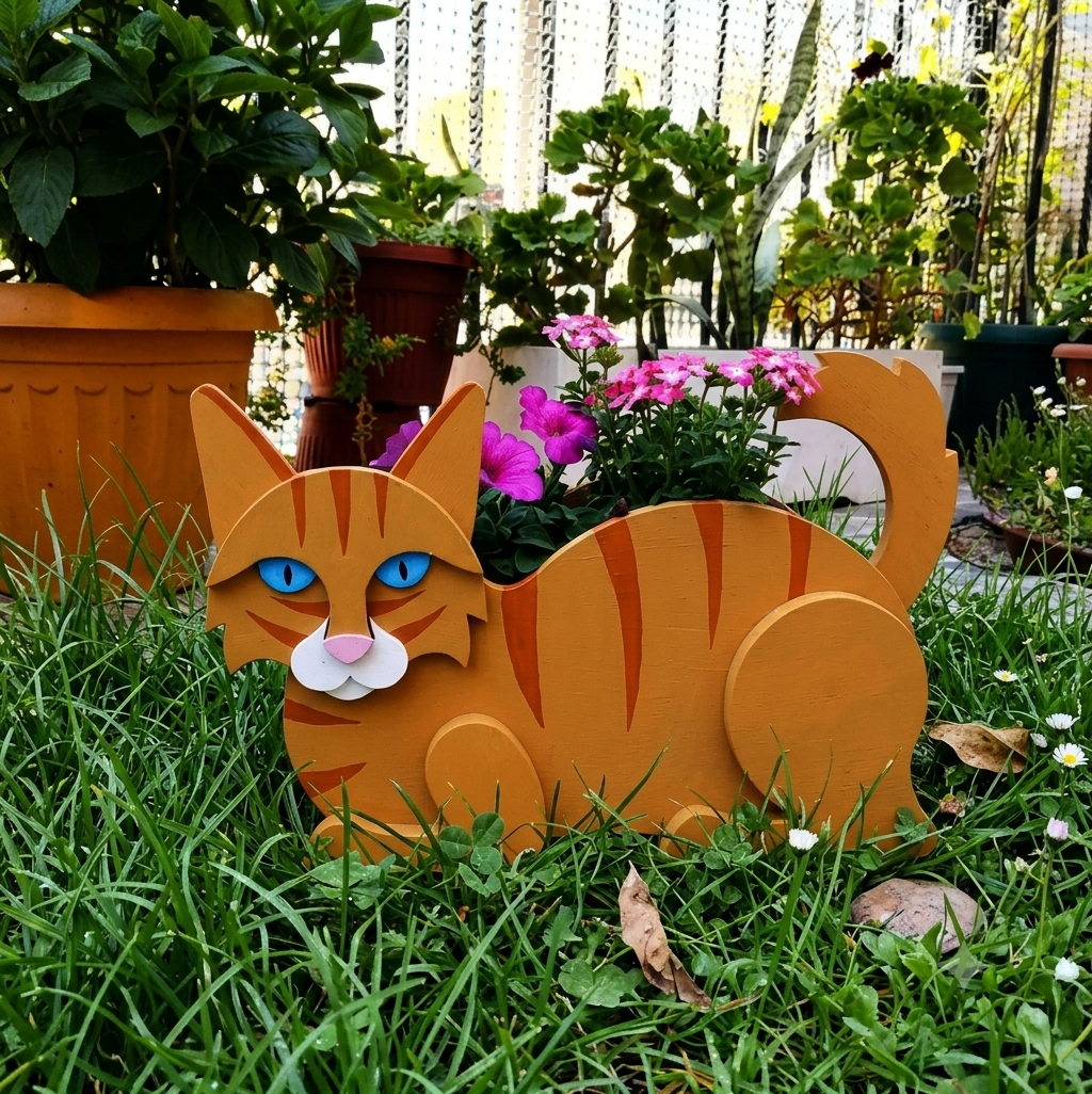 Orange cat-shaped desk planter by Rootly