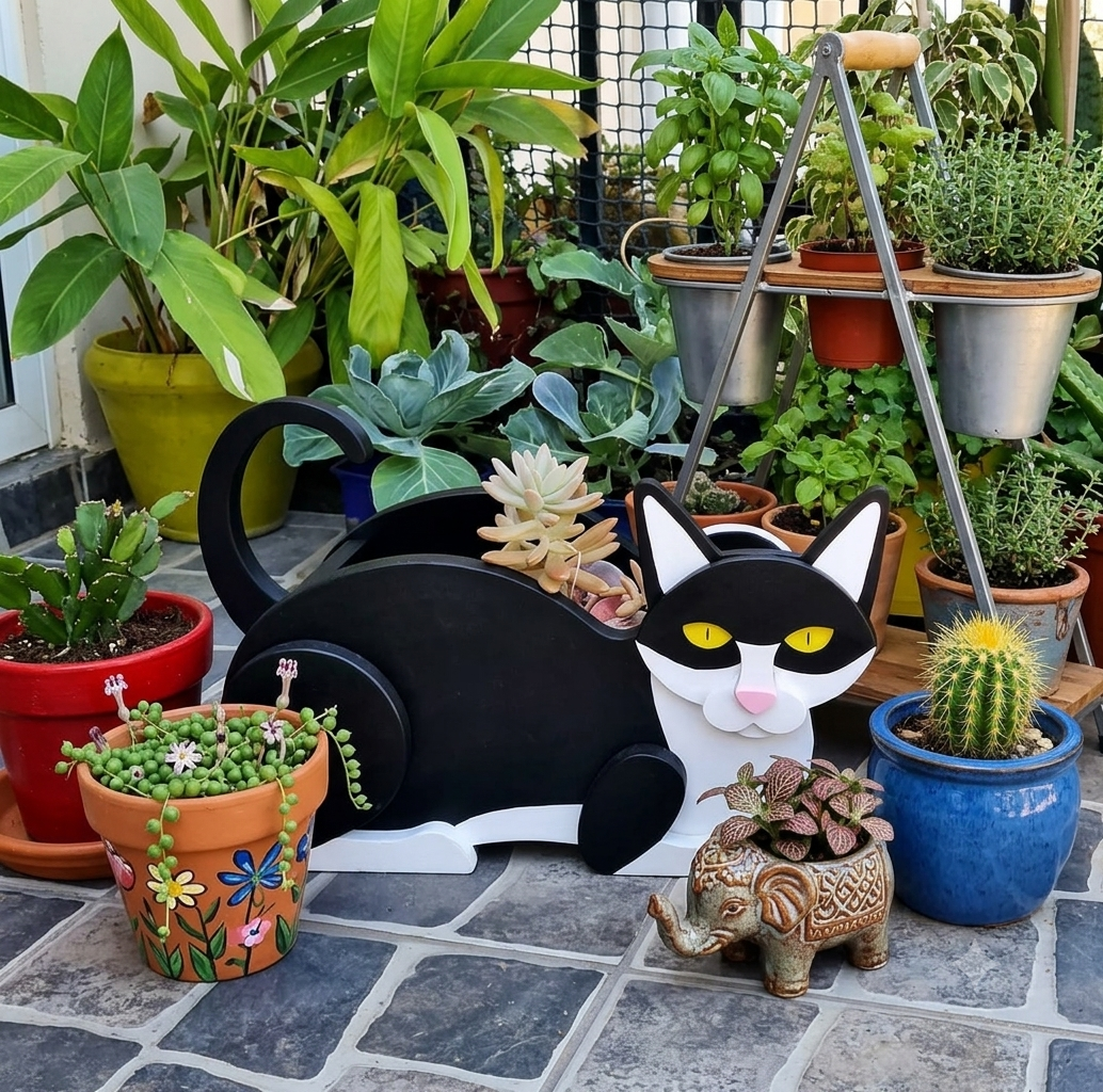 Black and white cat-shaped planter by Rootly in garden setting