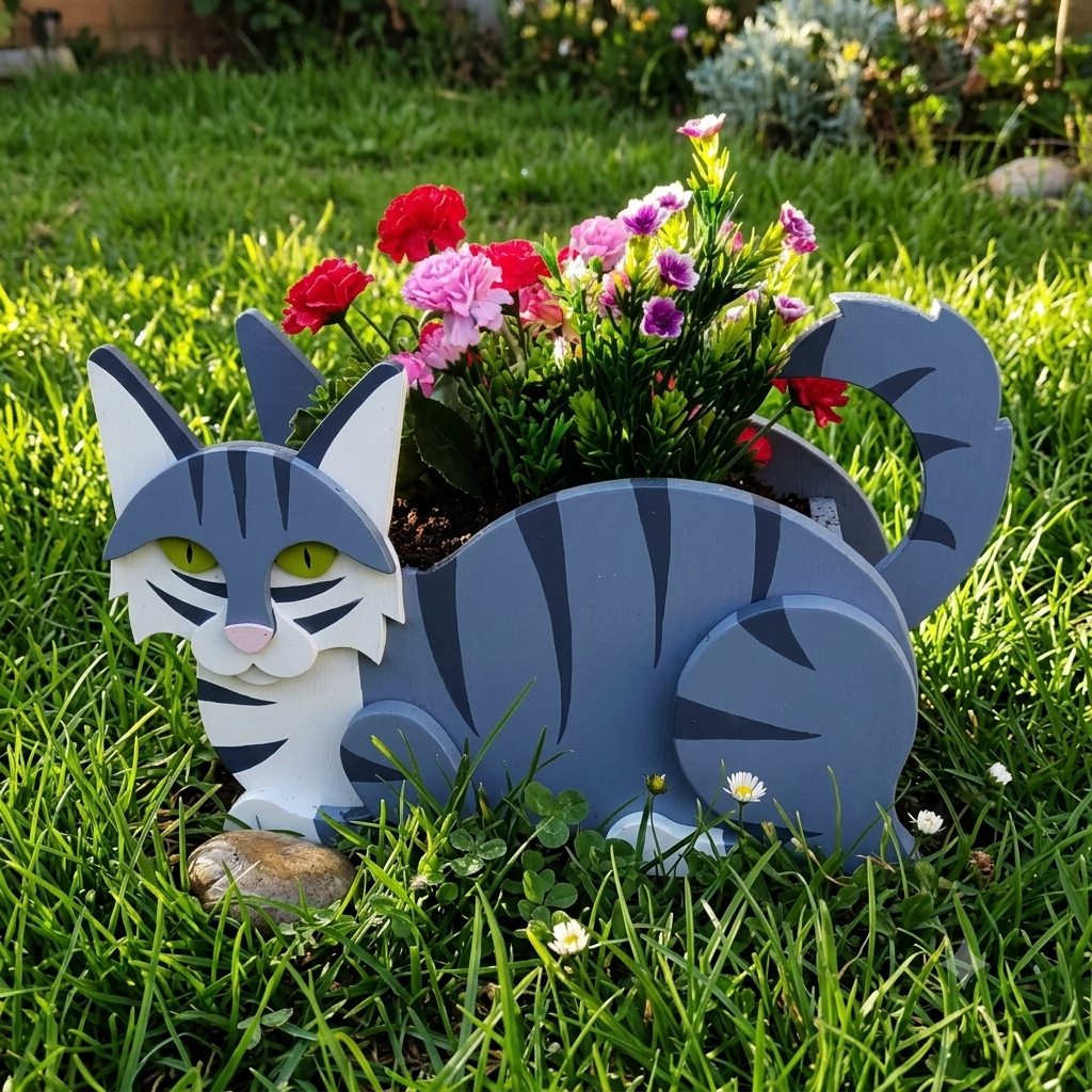 Blue and black striped cat-shaped planter by Rootly outdoors